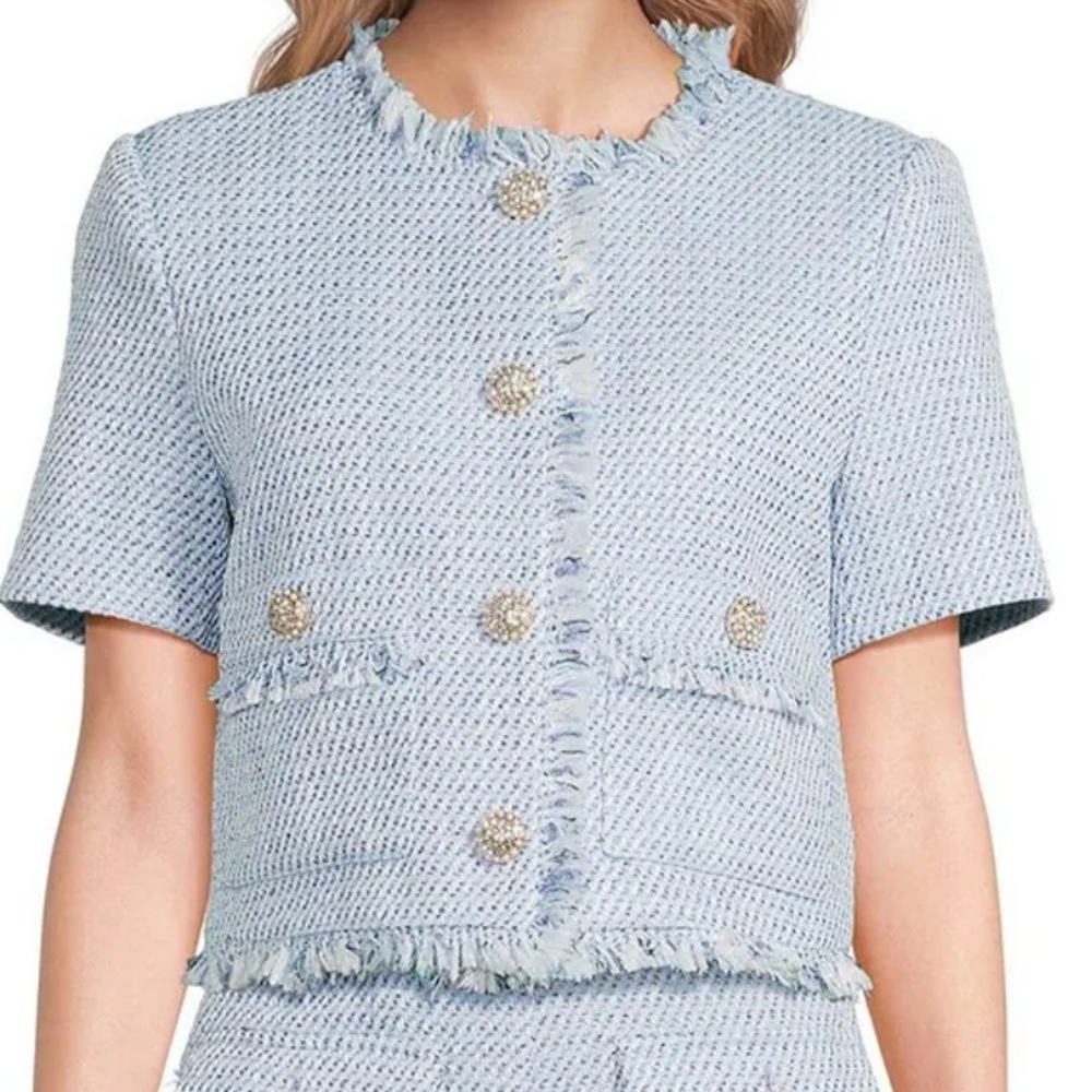 Tweed Crew Neck Short Sleeve Button Front Coordinating Cropped Jacket